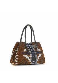 Braune gewebte Tasche mit einem gemusterten blau-weißen Mittelstreifen, schwarzen Ledergriffen und einem quadratischen Logo-Patch auf der Vorderseite.
