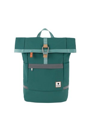 Teal roll-top backpack made from durable fabric with a front pocket, grey accents, tan buckle, and a top handle for easy carrying.