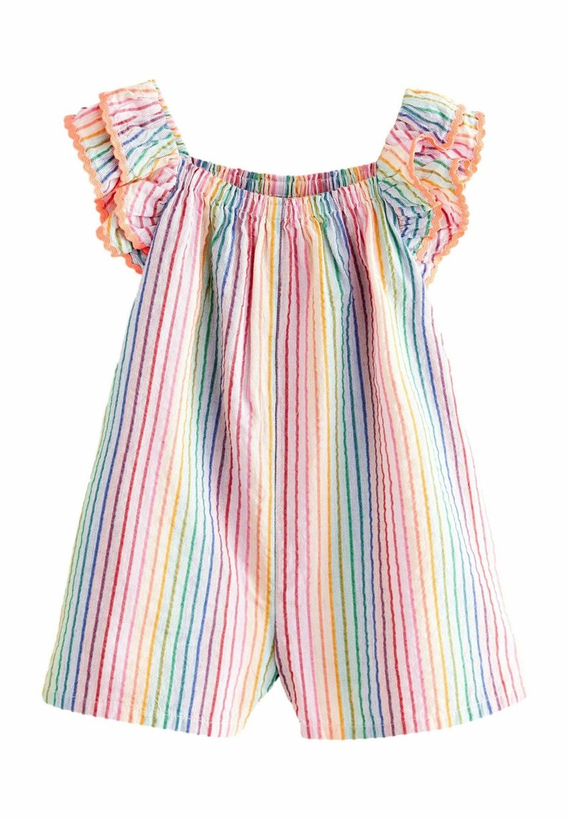 Multikleuren gestreepte romper met ruffles aan de mouwen, met roze, groen, blauw en gele strepen op zachte, lichtgewicht stof.