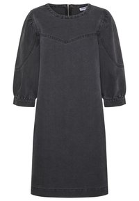 Mörk denimklänning med rundad halsringning, puffärmar och rak silhuett. Har diskreta sömmar och en dragkedja bak.