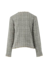 Grau strukturierte Jacke mit gebürstetem Finish, langen Ärmeln, cropped Schnitt und fransigen Kanten entlang des Ausschnitts und Saums.