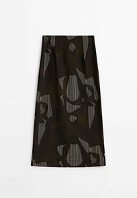 Black skirt with abstract dark green and white striped patterns. Smooth texture, knee-length design, featuring a fitted waistband.