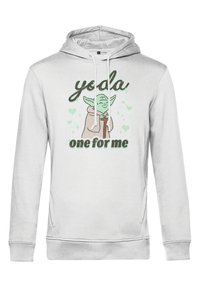 Felpa bianca con grafica di Yoda e testo "yoda one for me". Tessuto morbido, cordino regolabile e tasca frontale a marsupio.