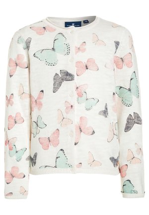 Cárdigan blanco de punto con patrones de mariposas en rosa pastel, verde menta y gris, y botones delanteros.