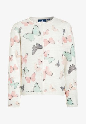 Biały sweter na guziki z dzianiny z motywami motyli w kolorach pastelowego różu, mięty i szarości.