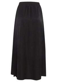 Zwarte lange rok van een zachte stof, met een elastische tailleband en een vloeiende stijl met een gladde textuur.