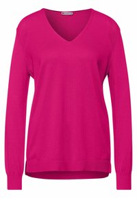 Růžový svetřík s dlouhým rukávem a výstřihem do V, s ribkovanými detaily na ramenou a ribkovanými manžetami a lemem, vyrobený z měkké pleteniny.