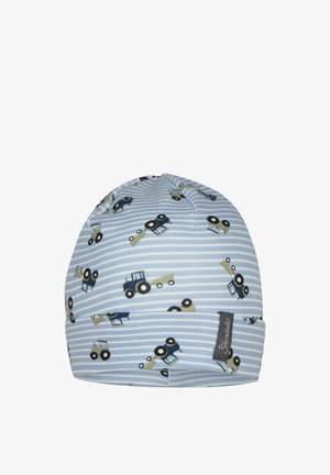 Hellblau-weiß gestreifter Babyhut mit wiederholten Traktor- und Anhänger-Prints in Blau und Beige, mit kleinem Stoffmarkenetikett.