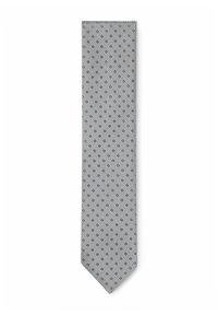 Grå slips med en texturerad yta, prydd med ett mönster av små blå diamanter. Smal form med en spetsig ände. Slät tygmaterial.