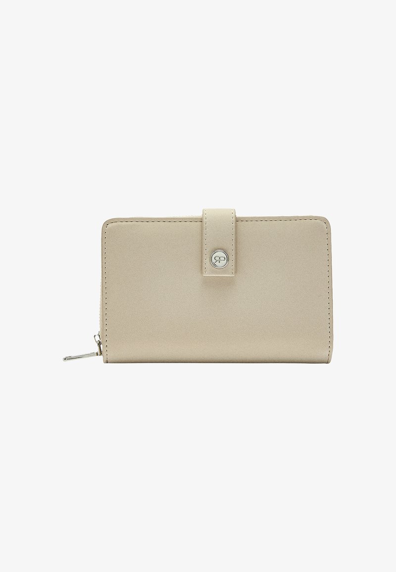 Beżowy syntetyczny portfel o gładkiej teksturze, prostokątnym kształcie, przednim klapce z zapięciem na zatrzask i akcentach w srebrnym kolorze.