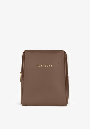 Brown faux leather backpack with a textured surface, gold logo "SUITSUIT" embossed on the front, and a zippered closure.
