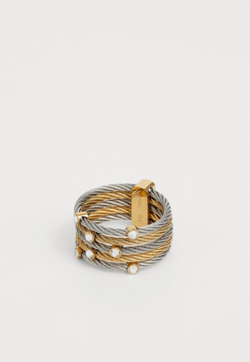Metal ring featuring intertwined silver and gold strands with small clear crystals set along the bands. Features a rectangular clasp.