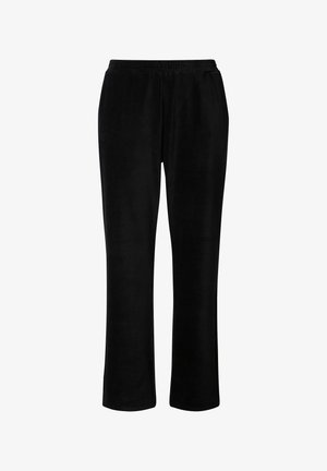 Pantalon en velours côtelé noir à jambe droite avec taille élastique, sans poches visibles ni embellissements, présenté sur un fond blanc.
