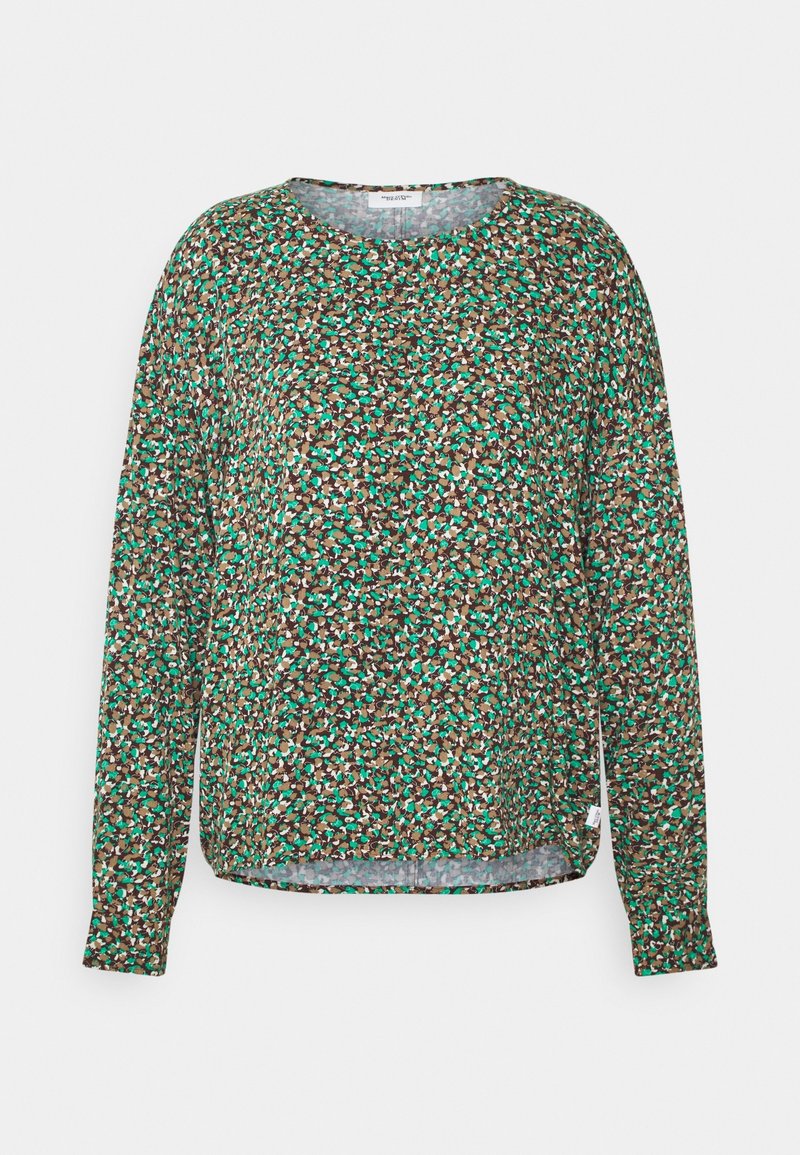 Long-sleeve top in a green, brown, and white floral pattern. Features a round neckline and a relaxed fit with side slits at the hem.