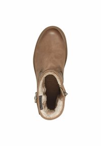 Braune Lederknöchelstiefel mit glatter Oberfläche, Fleece-Futter, seitlichem Reißverschluss und metallischen Akzenten. Runde Zehenform und robuste Sohle.