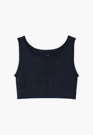 Sostegno sportivo a coste di colore blu navy con scollatura rotonda, spalline larghe e una fascia inferiore aderente. Il materiale appare morbido con una leggera trama.