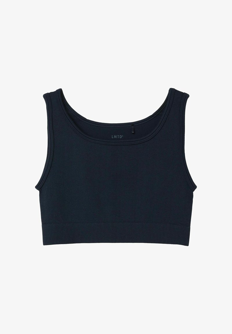 Sostegno sportivo a coste di colore blu navy con scollatura rotonda, spalline larghe e una fascia inferiore aderente. Il materiale appare morbido con una leggera trama.