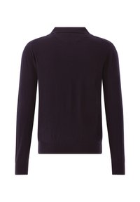 Dunkelvioletter Strickpullover mit langen Ärmeln, einem Polokragen und einem gerippten Saum. Die Rückseite hat eine glatte Textur und keine sichtbaren Verzierungen.