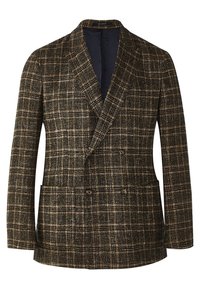 Blazer doppiopetto marrone e beige a quadri con rever a punta, due tasche frontali e una fodera interna scura. Finitura in tessuto testurizzato.