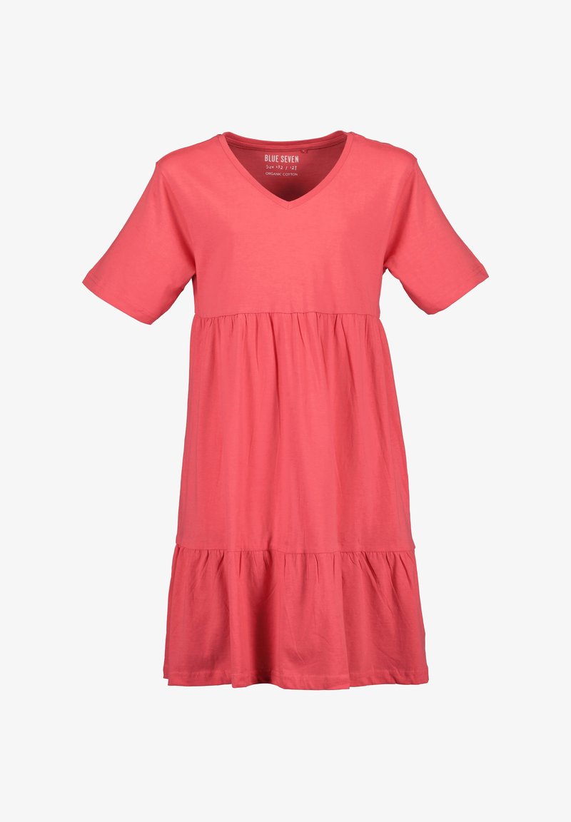 Robe corail rose manches courtes avec col en V, taille froncée, jupe à volants, en coton biologique, taille 152/12 ans.