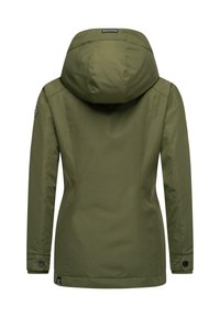 Green, waterproof jacket with a hood, featuring smooth texture, fitted design, buttoned cuffs, and a logo label at the neck.