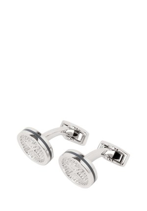 Pair of silver oval cufflinks with textured cross pattern and a black stripe around the edge, connected by curved bars.