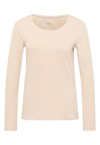 T-shirt beige à manches longues avec un col rond, fabriquée en tissu doux et lisse. Présente un design simple sans motifs ni accents.