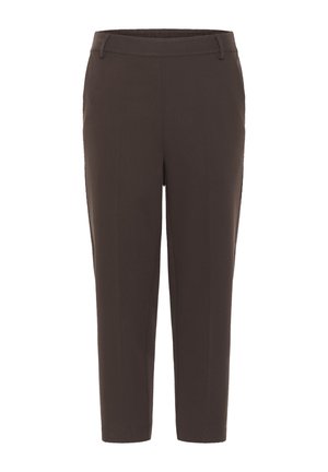 Pantaloni marroni scuri con taglio dritto. Presentano una vita piatta, nessun componente metallico evidente e una texture liscia. Adatti per abbigliamento casual o formale.