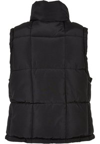 Svart polstret vest med h�øy krage, quiltet design, uten ermer og to sidelommer. Laget av glatt, vannavstøtende materiale.