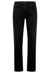 Jean noir droit avec fermeture avant par bouton et zip, passants de ceinture et style cinq poches.