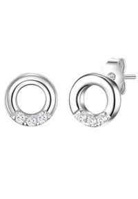 Sidabriniai apvalūs auskarai su tuščiaviduriu centru, papuošti penkiais skaidriais kristalais apatinėje dalyje ir lygia tekstūra.