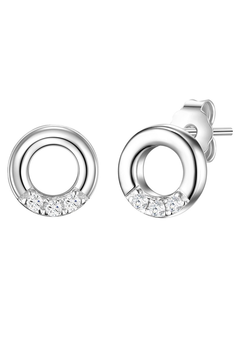 Sidabriniai apvalūs auskarai su tuščiaviduriu centru, papuošti penkiais skaidriais kristalais apatinėje dalyje ir lygia tekstūra.