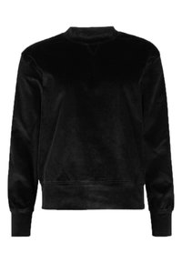 Sweat-shirt noir en velours côtelé à manches longues avec col rond, poignets et ourlet côtelés, présenté sur fond blanc.
