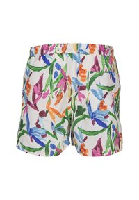 Kleurige zwembroek met een witte achtergrond en een bloemenpatroon in roze, blauw, groen en oranje. Elastische tailleband en zijzak.