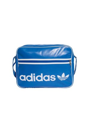 Sac d'épaule rectangulaire bleu Adidas avec logo blanc, passepoil blanc et une poche avant zippée.