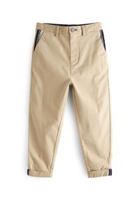 Pantaloni beige in cotone a taglio slim, con due tasche frontali, chiusura con bottone e dettaglio blu navy sui polsini.