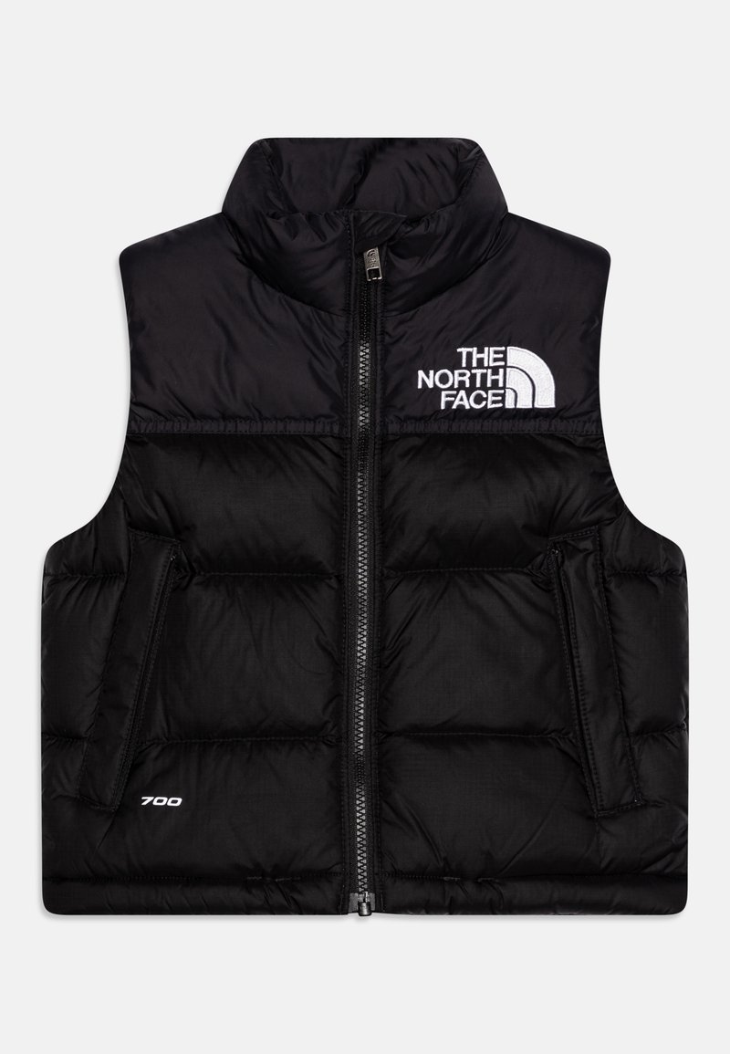 Černá nadýchaná vesta s vysokým límcem, předním zipem a dvěma bočními kapsami. Na vestě je bílé logo The North Face a detaily "700".