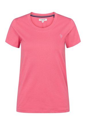 Rózsaszín rövid ujjú póló puha pamutból. Kerek nyakkivágással és apró logóval a bal mellrészen. Sima tapintású anyag.