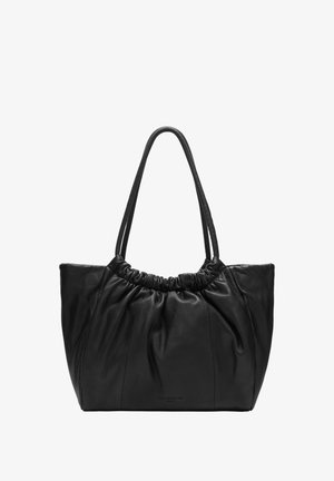 Schwarze Ledertasche mit gerafftem Oberteil und zwei Schulterriemen, strukturierte rechteckige Form, glatte Oberfläche.