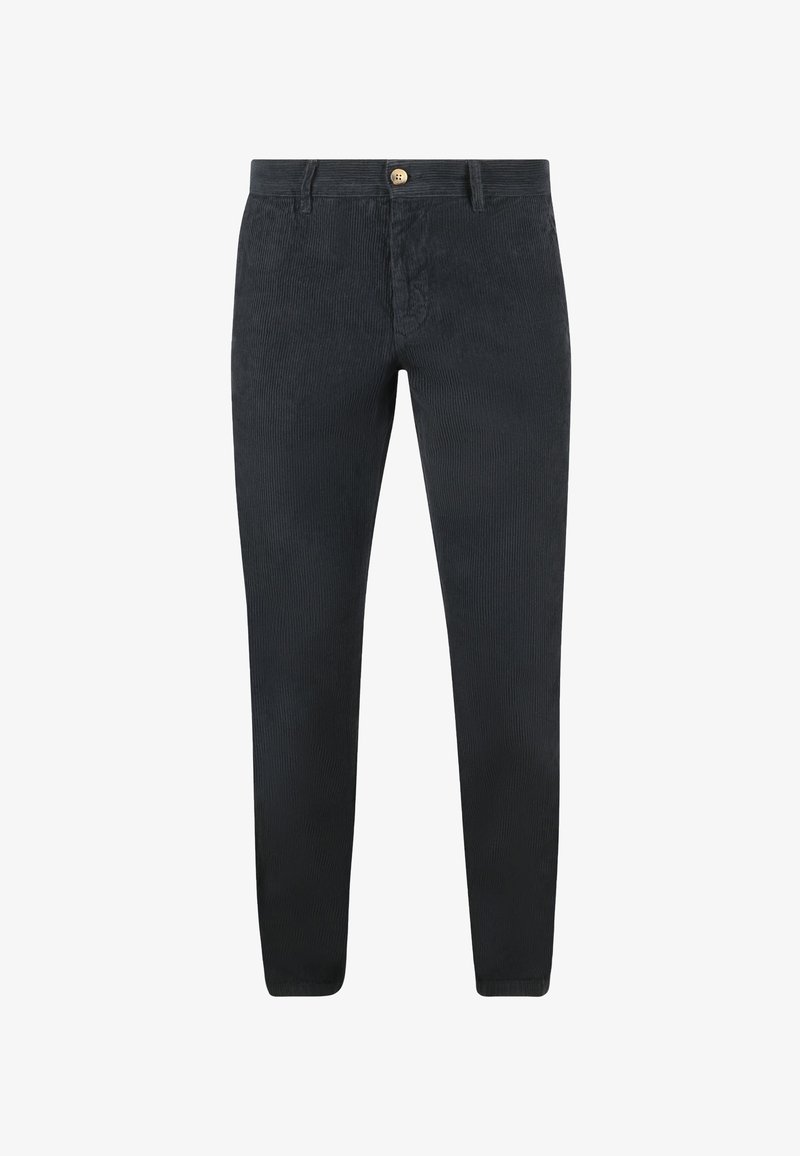 Donkergrijze slim-fit ribfluwelen broeken met riemlussen, voorste knoop en ritssluiting, weergegeven op een witte achtergrond.