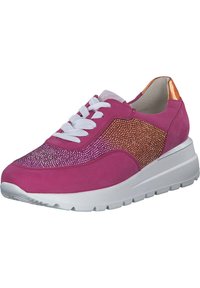 Pink sneaker with a textured front featuring glitter, white laces, and a smooth, slightly raised white sole; metallic orange accent at the heel.