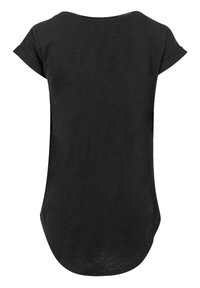 Black short-sleeve T-shirt with a rounded neckline and side slits. Soft, lightweight fabric with a smooth texture.
