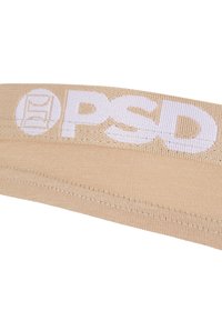 Beige elastiskt band med vit "PSD"-logotyp, med en texturerad yta och synliga sömmar; utformat för komfort och stöd.