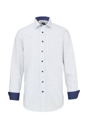 Camicia bianca a maniche lunghe con bottoni, con piccolo motivo floreale blu, colletto interno e polsini blu scuro, e bottoni blu marino sul davanti.