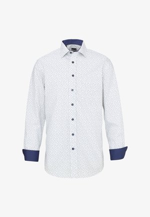 Weißes langärmliges Hemd mit Knöpfen, mit kleinem blauem Blumenmuster, dunkelblauem Innenkragen und Manschetten sowie marineblauen Knöpfen vorne.