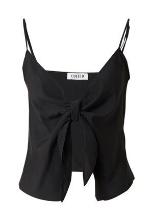 Zwarte cami-top met dunne bandjes, een diepe v-hals en een geknoopte detail aan de voorkant. Gemaakt van lichtgewicht stof, met een losse A-lijn vorm.