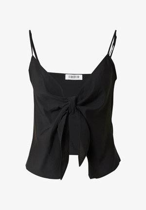 Zwarte cami-top met dunne bandjes, een diepe v-hals en een geknoopte detail aan de voorkant. Gemaakt van lichtgewicht stof, met een losse A-lijn vorm.