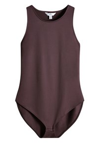 Ärmelloser dunkelbrauner Body mit rundem Ausschnitt und Druckknöpfen im Schritt, aus glattem Stretchstoff gefertigt.