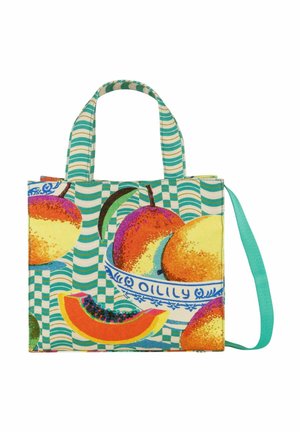 Sac fourre-tout avec des rayures ondulées vertes et blanches, avec des illustrations colorées de fruits comprenant papaye et pêches dans un bol bleu à motifs.