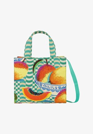 Sac fourre-tout avec des rayures ondulées vertes et blanches, avec des illustrations colorées de fruits comprenant papaye et pêches dans un bol bleu à motifs.